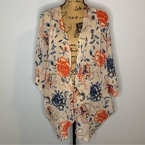 Floral Open-Front Kimono Cardigan - Cream, Navy & Coral